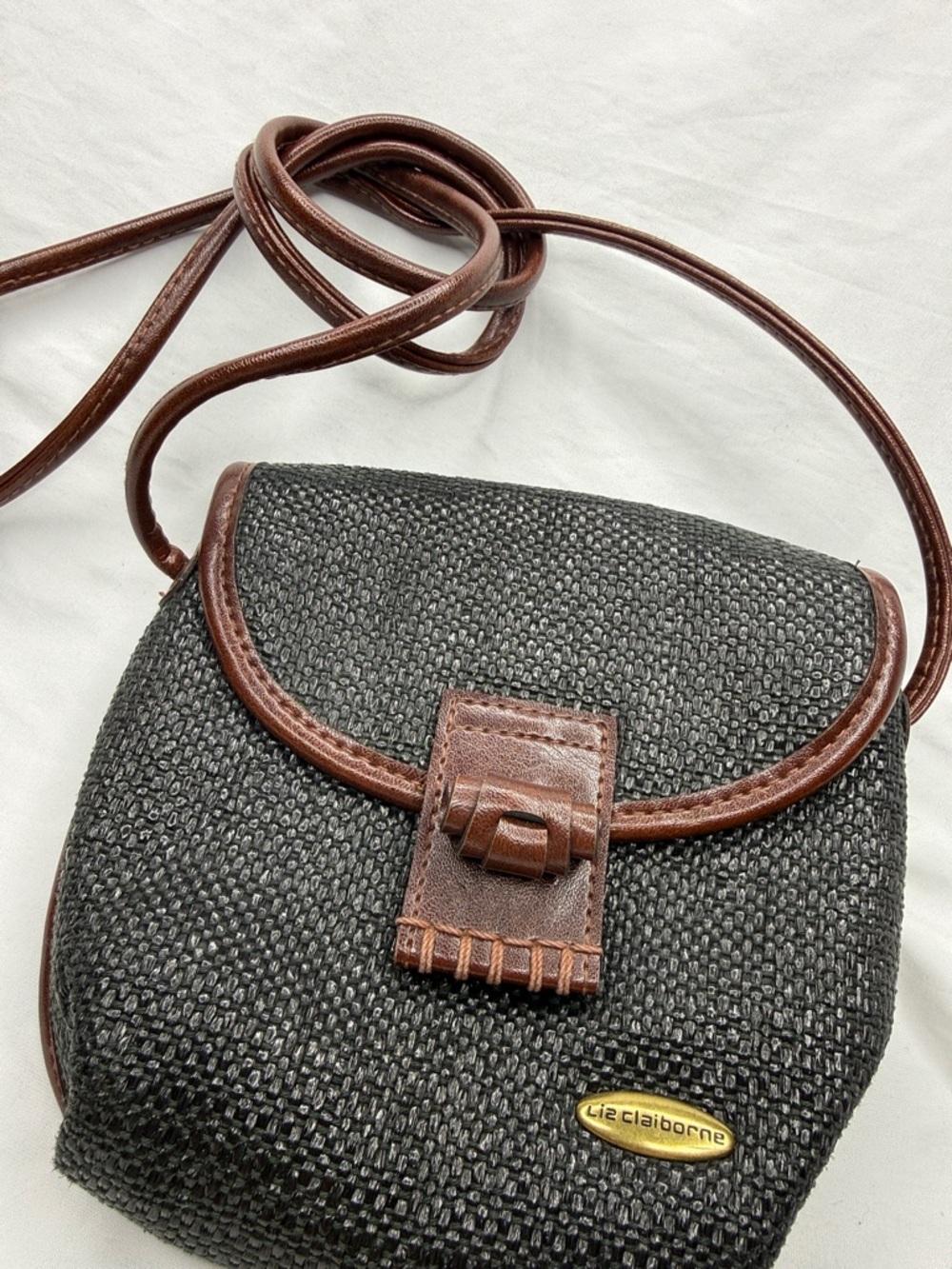 Vtg Liz Claiborne Black Woven Bag with Brown Leather Trim